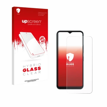 Face avant d’un emballage produit avec le logo de la marque upscreen. À côté, l’appareil Telekom T Phone 3 est représenté avec