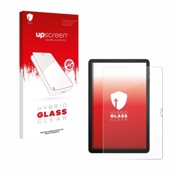 Face avant d’un emballage produit avec le logo de la marque upscreen. À côté, l’appareil Telekom T Tablet 2 est représenté ave
