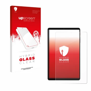 Face avant d’un emballage produit avec le logo de la marque upscreen. À côté, l’appareil Alldocube iPlay 70 mini Ultra est rep