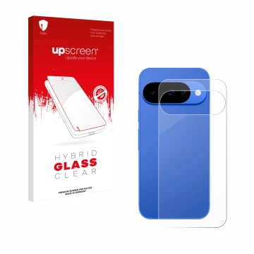 Face avant d’un emballage produit avec le logo de la marque upscreen. À côté, l’appareil Google Pixel 10 (Arrière) est représe