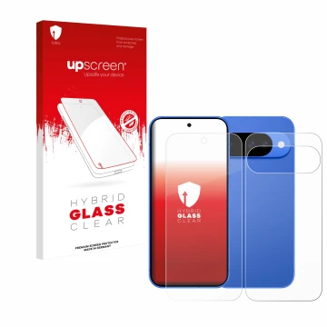 Face avant d’un emballage produit avec le logo de la marque upscreen. À côté, l’appareil Google Pixel 10 (Avant+Arrière) est r