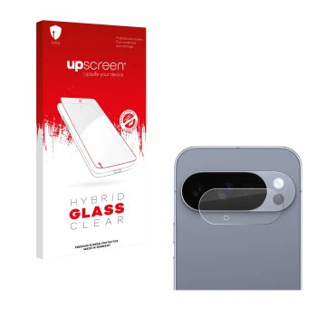 Face avant d’un emballage produit avec le logo de la marque upscreen. À côté, l’appareil Google Pixel 10 Pro (Caméra UNIQUEMEN