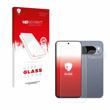 Face avant d’un emballage produit avec le logo de la marque upscreen. À côté, l’appareil Google Pixel 10 Pro (Avant+Caméra) es