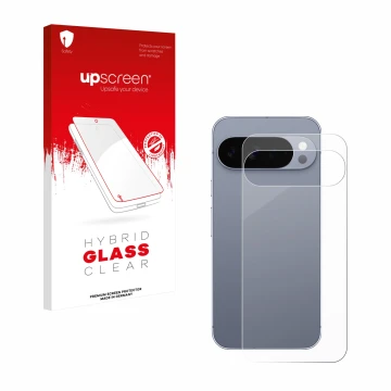 Face avant d’un emballage produit avec le logo de la marque upscreen. À côté, l’appareil Google Pixel 10 Pro XL (Arrière) est 