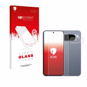 Face avant d’un emballage produit avec le logo de la marque upscreen. À côté, l’appareil Google Pixel 10 Pro XL (Avant+Caméra)