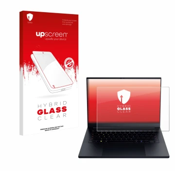 Face avant d’un emballage produit avec le logo de la marque upscreen. À côté, l’appareil Razer Blade 14 2025 est représenté av