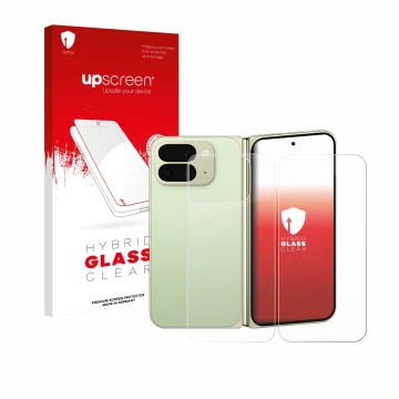 Face avant d’un emballage produit avec le logo de la marque upscreen. À côté, l’appareil Google Pixel 10 Pro Fold (Avant+Arriè