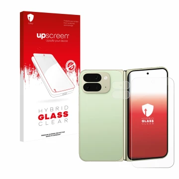 Face avant d’un emballage produit avec le logo de la marque upscreen. À côté, l’appareil Google Pixel 10 Pro Fold (Avant+Camér