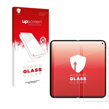 Face avant d’un emballage produit avec le logo de la marque upscreen. À côté, l’appareil Google Pixel 10 Pro Fold (Affichage i