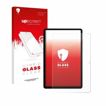 Face avant d’un emballage produit avec le logo de la marque upscreen. À côté, l’appareil Samsung Galaxy Tab S11 (portrait) est