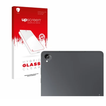 Face avant d’un emballage produit avec le logo de la marque upscreen. À côté, l’appareil Samsung Galaxy Tab S11 (Caméra UNIQUE