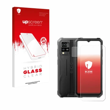 Face avant d’un emballage produit avec le logo de la marque upscreen. À côté, l’appareil Blackview BV4800 (Avant+Caméra) est r