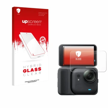 Face avant d’un emballage produit avec le logo de la marque upscreen. À côté, l’appareil Insta360 Go Ultra est représenté avec