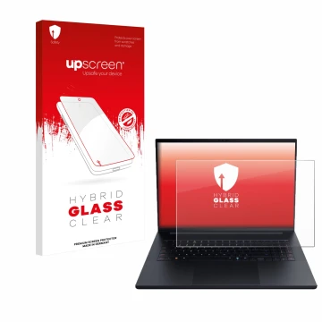 Face avant d’un emballage produit avec le logo de la marque upscreen. À côté, l’appareil Razer Blade 18 2025 est représenté av