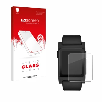 Face avant d’un emballage produit avec le logo de la marque upscreen. À côté, l’appareil Pebble 2 Duo 2025 est représenté avec