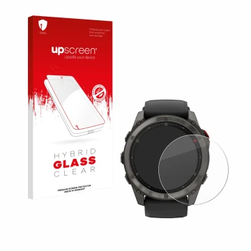 Face avant d’un emballage produit avec le logo de la marque upscreen. À côté, l’appareil Garmin Fenix 8 Pro MicroLED (51 mm) e