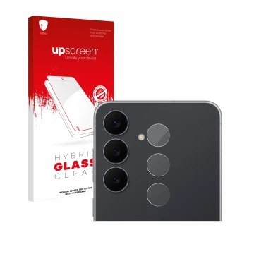 Face avant d’un emballage produit avec le logo de la marque upscreen. À côté, l’appareil Samsung Galaxy S25 FE (Caméra UNIQUEM