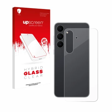 Face avant d’un emballage produit avec le logo de la marque upscreen. À côté, l’appareil Samsung Galaxy S25 FE (Arrière) est r