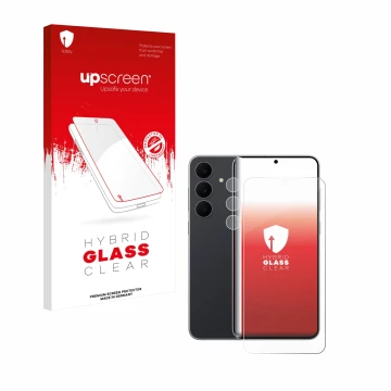 Face avant d’un emballage produit avec le logo de la marque upscreen. À côté, l’appareil Samsung Galaxy S25 FE (Avant+Caméra) 