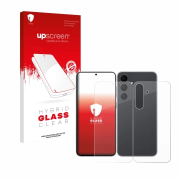 Face avant d’un emballage produit avec le logo de la marque upscreen. À côté, l’appareil Samsung Galaxy S25 FE (Avant+Arrière)