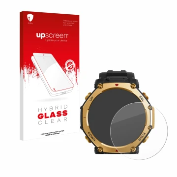 Face avant d’un emballage produit avec le logo de la marque upscreen. À côté, l’appareil Huami Amazfit T-Rex 3 Pro (48 mm) est