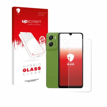 Face avant d’un emballage produit avec le logo de la marque upscreen. À côté, l’appareil Motorola Moto G06 Power (Avant+Caméra