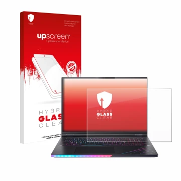 Face avant d’un emballage produit avec le logo de la marque upscreen. À côté, l’appareil Acer Predator Helios 18 AI PH18-73 es