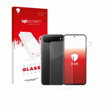 Face avant d’un emballage produit avec le logo de la marque upscreen. À côté, l’appareil Nubia Air (Avant+Caméra) est représen