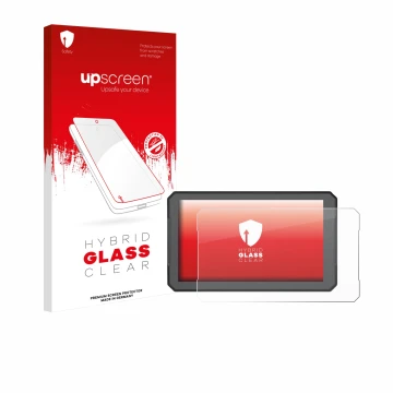 Face avant d’un emballage produit avec le logo de la marque upscreen. À côté, l’appareil BOUWOIMA Motorrad Carplay B7 7