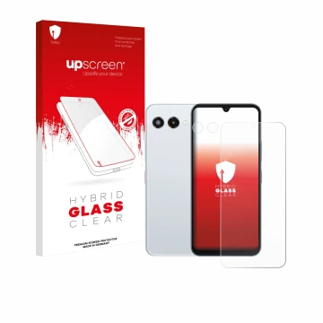 Face avant d’un emballage produit avec le logo de la marque upscreen. À côté, l’appareil Telekom T Phone 3 (Avant+Caméra) est 