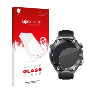Face avant d’un emballage produit avec le logo de la marque upscreen. À côté, l’appareil Huawei Watch Ultimate 2 Black est rep