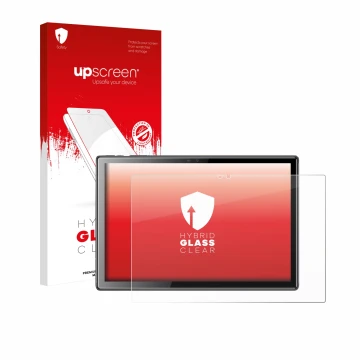 Face avant d’un emballage produit avec le logo de la marque upscreen. À côté, l’appareil Tibuta A10 10.1