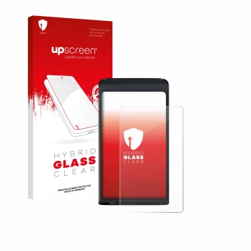 Face avant d’un emballage produit avec le logo de la marque upscreen. À côté, l’appareil Vasco Translator Q1 est représenté av