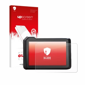 Face avant d’un emballage produit avec le logo de la marque upscreen. À côté, l’appareil KTM 990 Duke 2024 est représenté avec