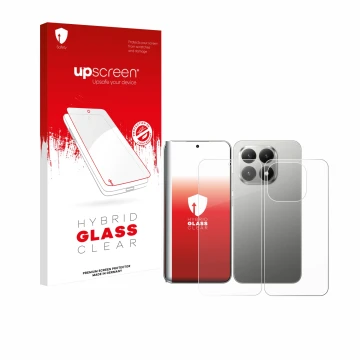 Face avant d’un emballage produit avec le logo de la marque upscreen. À côté, l’appareil Xiaomi 15T (Avant+Arrière) est représ