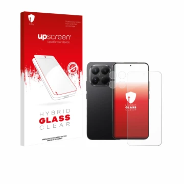 Face avant d’un emballage produit avec le logo de la marque upscreen. À côté, l’appareil Xiaomi 15T Pro (Avant+Caméra) est rep