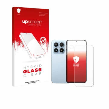 Face avant d’un emballage produit avec le logo de la marque upscreen. À côté, l’appareil Xiaomi 17 (Avant+Caméra) est représen