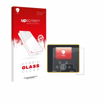 Face avant d’un emballage produit avec le logo de la marque upscreen. À côté, l’appareil Junsi iCharger DX12 est représenté av