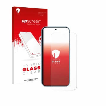 Face avant d’un emballage produit avec le logo de la marque upscreen. À côté, l’appareil Google Pixel 9 (case-friendly) est re