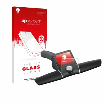 Face avant d’un emballage produit avec le logo de la marque upscreen. À côté, l’appareil Motocaddy M7 GPS Remote est représent