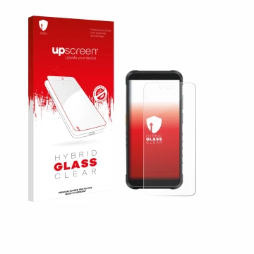 Face avant d’un emballage produit avec le logo de la marque upscreen. À côté, l’appareil Ulefone RugKing est représenté avec l