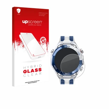 Face avant d’un emballage produit avec le logo de la marque upscreen. À côté, l’appareil Huawei Watch Ultimate 2 Blue est repr