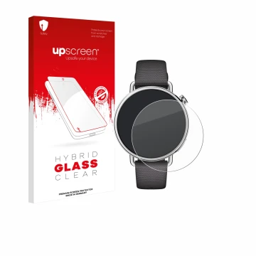 Face avant d’un emballage produit avec le logo de la marque upscreen. À côté, l’appareil Xiaomi Watch S4 (41 mm) est représent