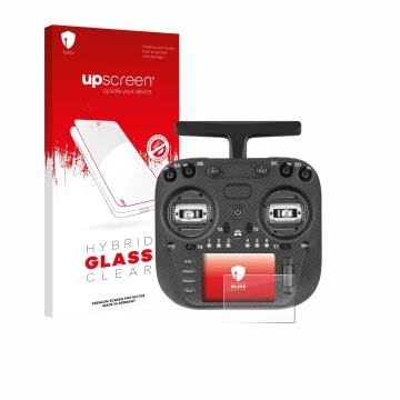 Face avant d’un emballage produit avec le logo de la marque upscreen. À côté, l’appareil Radiomaster TX15 Max est représenté a