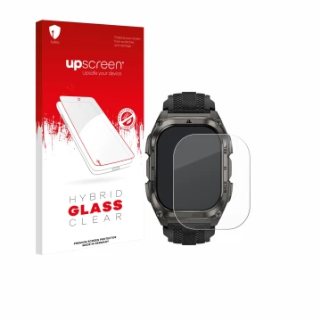 Face avant d’un emballage produit avec le logo de la marque upscreen. À côté, l’appareil Kospet Tank M4 est représenté avec la