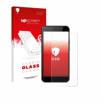 Face avant d’un emballage produit avec le logo de la marque upscreen. À côté, l’appareil HTC Wildfire E5 Life est représenté a