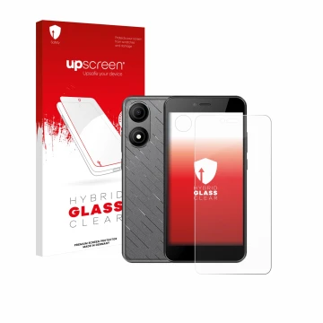 Face avant d’un emballage produit avec le logo de la marque upscreen. À côté, l’appareil HTC Wildfire E5 Life (Avant+Caméra) e