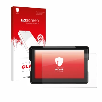 Face avant d’un emballage produit avec le logo de la marque upscreen. À côté, l’appareil Airpuxem Motorrad Carplay 7