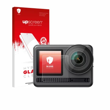 Face avant d’un emballage produit avec le logo de la marque upscreen. À côté, l’appareil Akaso Brave 8 (Affichage avant) est r