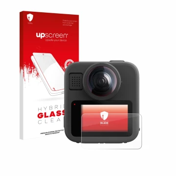 Face avant d’un emballage produit avec le logo de la marque upscreen. À côté, l’appareil GoPro Max 2 est représenté avec la pr